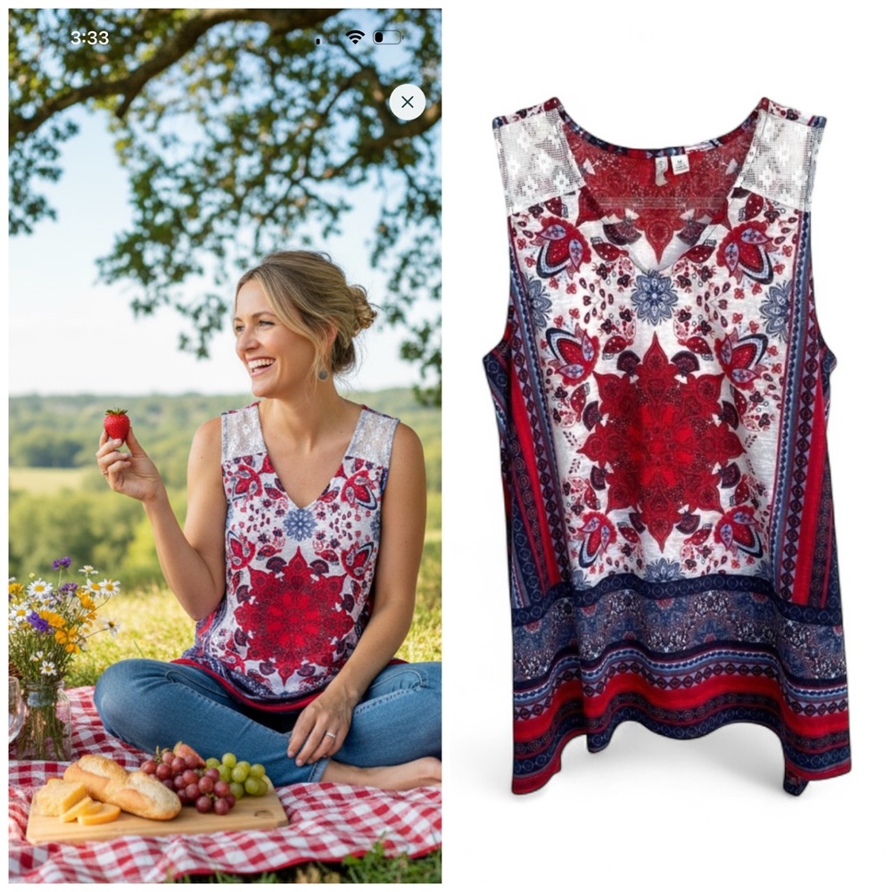 est. 1946 Top Women's Size Medium Red White Blue Floral Tank Sleeveless